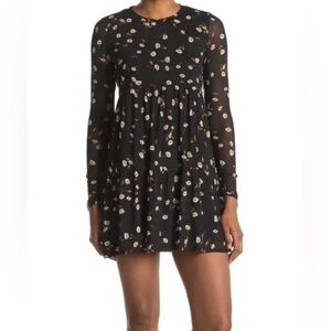 AFRM Dress Sz Medium Black Floral Mini Open Back Babydoll Sheer Mesh Long Sleeve